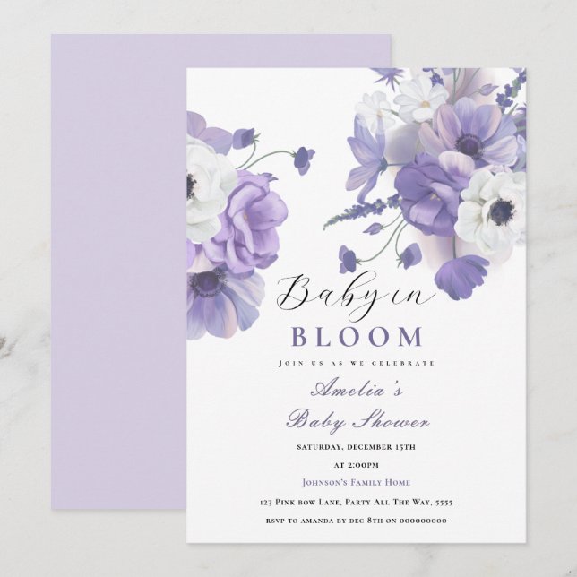 Baby in Bloom Baby Shower Elegant Purple Florals Invitation (Front/Back)