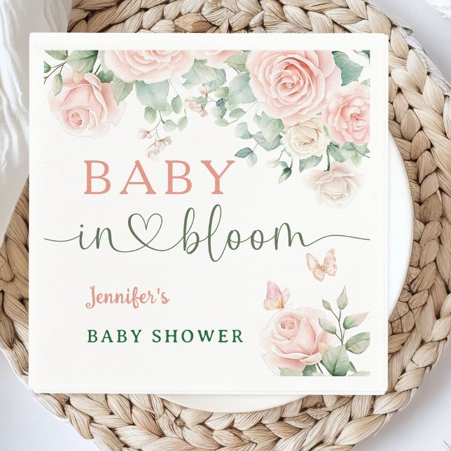 Baby in Bloom Baby Shower Pink Roses Girl Floral Napkin (Creator Uploaded)