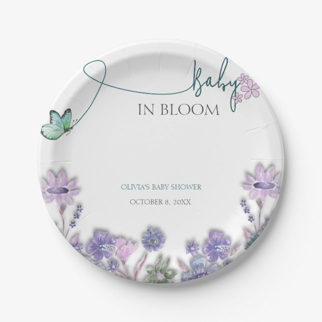 Baby In Bloom Baby Shower Purple Floral  Paper Plate (Front)