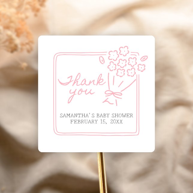 Baby In Bloom Baby Shower Square Sticker (Hand Drawn Baby in Bloom Baby Shower Sticker)