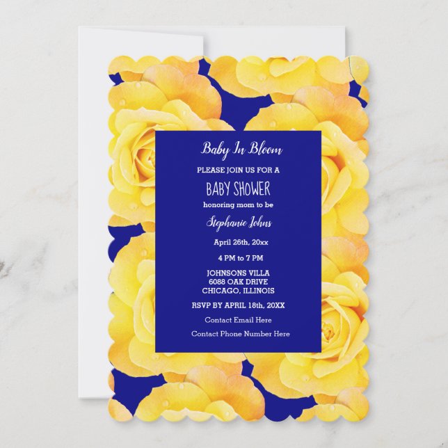 Baby In Bloom Baby Shower Yellow Roses Navy Blue Invitation (Front)