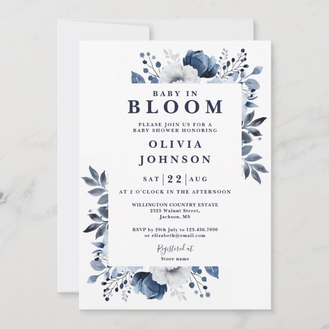 Baby In Bloom Blue Floral All In One Baby Shower Invitation (Front)