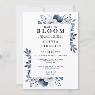Baby In Bloom Blue Floral All In One Baby Shower Invitation