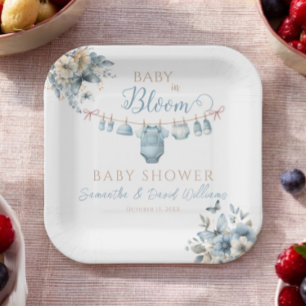 Baby In Bloom Blue Floral Baby Boy Shower Paper Plate