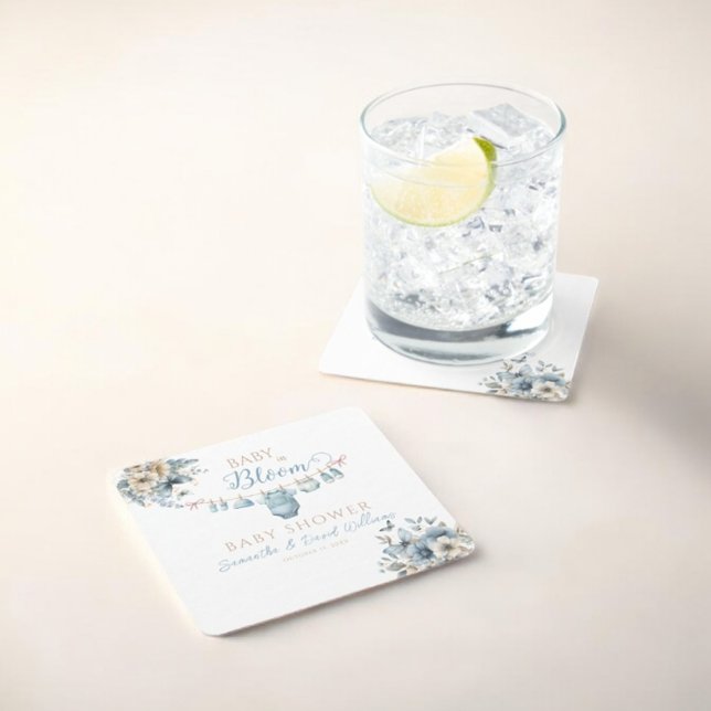 Baby In Bloom Blue Floral  Baby Boy Shower Square Paper Coaster (Creator Uploaded)