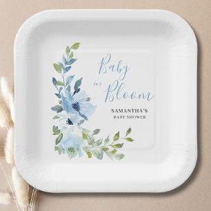 Baby In Bloom Blue Floral Baby Shower Paper Plate