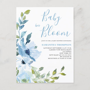 Baby In Bloom Blue Floral Baby Shower Postcard