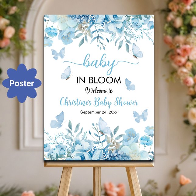 Baby in Bloom Blue Floral Baby Shower Welcome Poster (Creator Uploaded)