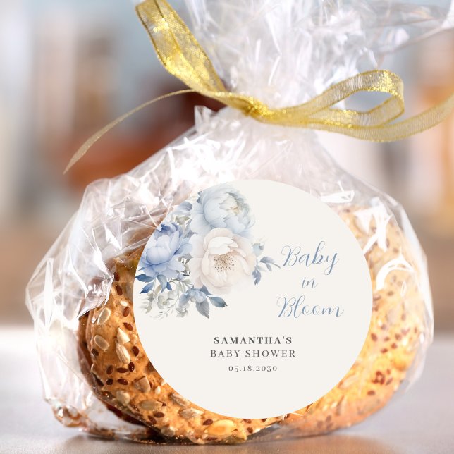 Baby In Bloom Blue Floral Boy Baby Shower  Classic Round Sticker (Creator Uploaded)