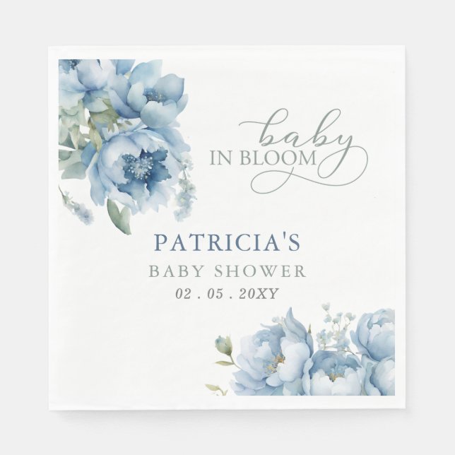 Baby in Bloom Blue Floral Boy Baby Shower Napkin (Front)