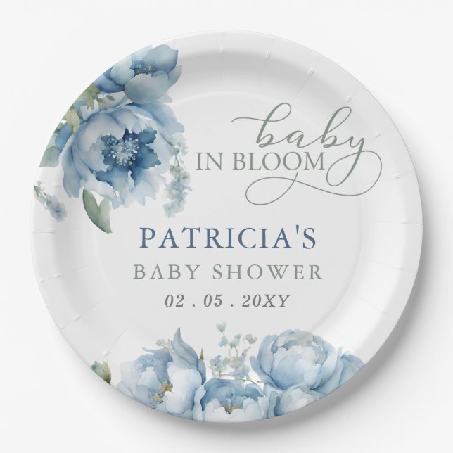 Baby in Bloom Blue Floral Boy Baby Shower Paper Plate (Front)