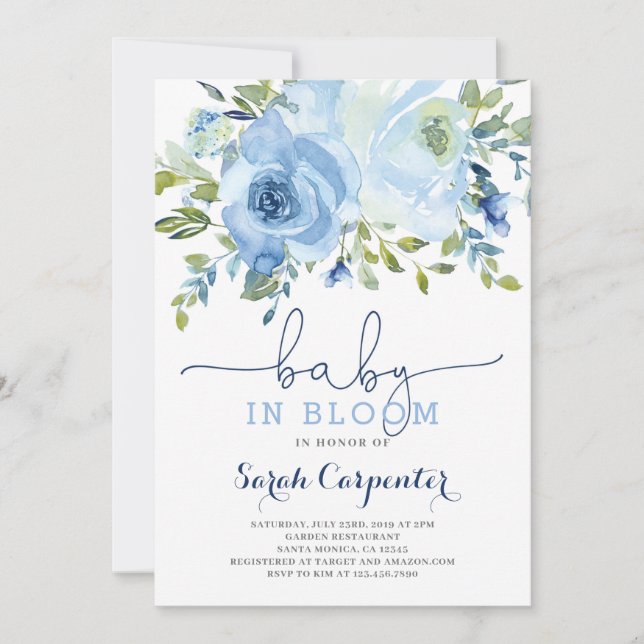 Baby in Bloom blue floral boy invitation (Front)