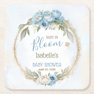 Baby In Bloom Blue Floral Elegant Boy Baby Shower Square Paper Coaster