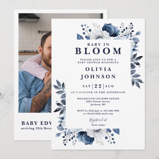 Baby In Bloom Blue Floral Photo QR Baby Shower Invitation (Front/Back)