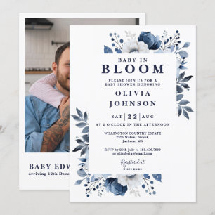 Baby In Bloom Blue Floral Photo QR Baby Shower Invitation