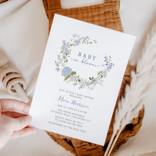 Baby in Bloom Blue Floral Wreath Baby Shower Invitation