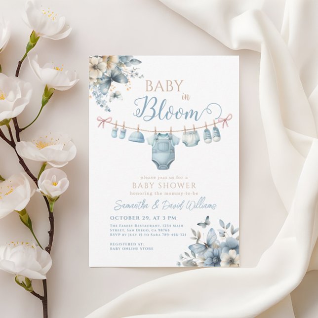 Baby In Bloom Blue Flower Butterfly Baby Shower Invitation (Creator Uploaded)