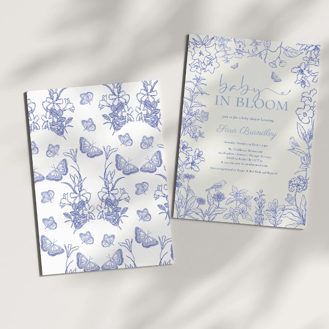 Baby In Bloom Blue Garden Chinoiserie Baby shower  Invitation (Baby In Bloom Cobalt Blue Whimsical Chinoiserie Floral Baby Shower Invitation
)