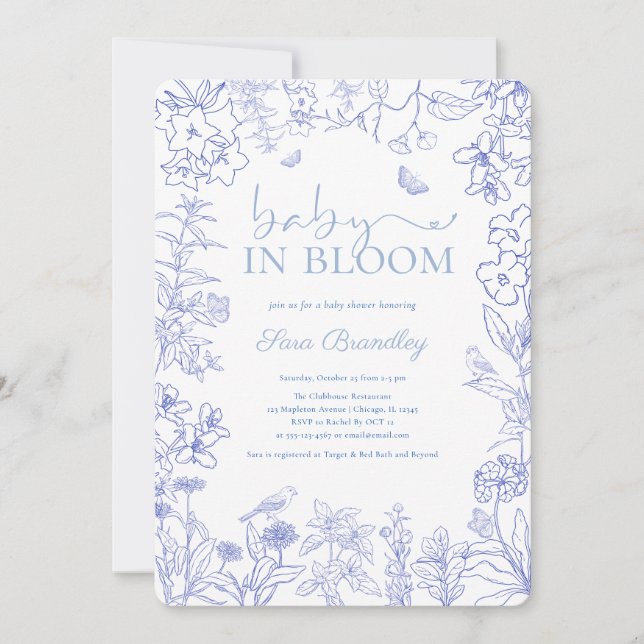 Baby In Bloom Blue Garden Chinoiserie Baby shower  Invitation (Front)