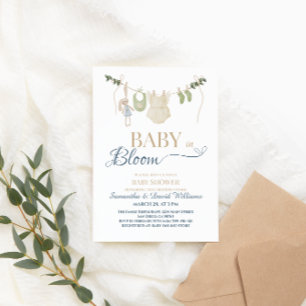 Baby in Bloom Blue Greenery Clothesline Botanical Invitation