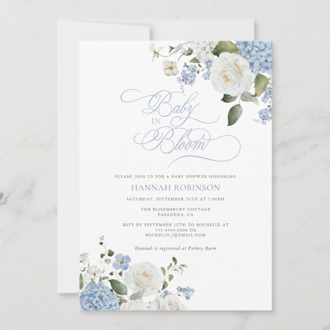 Baby in Bloom Blue Hydrangea Baby Shower Invite (Front)