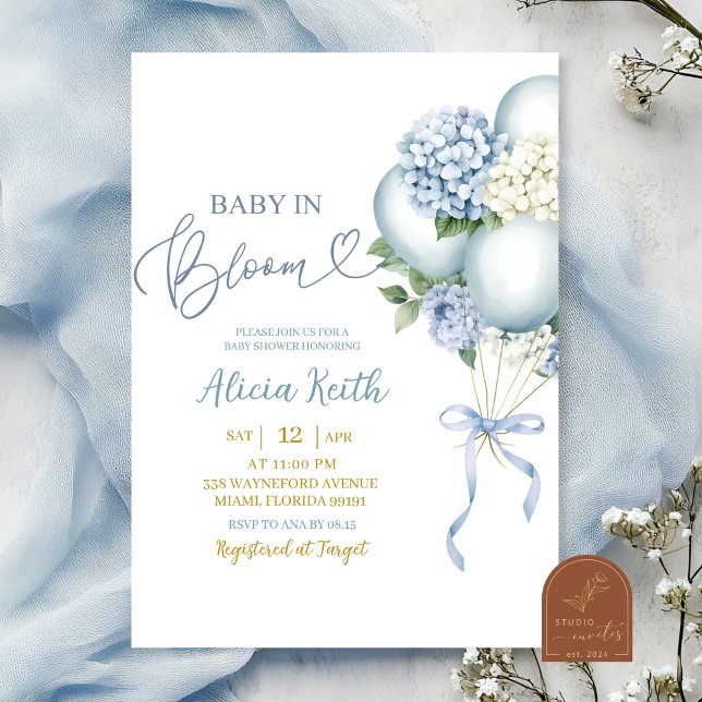 Baby In Bloom Blue Hydrangea Balloon Baby Shower Invitation (Creator Uploaded)