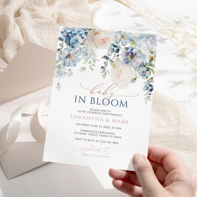 Baby in Bloom Blue Hydrangea & Roses Shower Invitation (Creator Uploaded)
