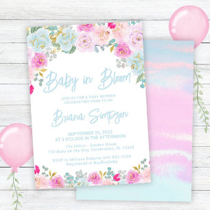 Baby in Bloom Blue Pink Peach Floral Baby Shower Invitation