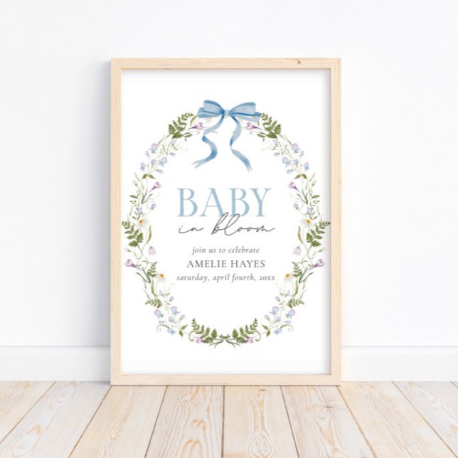 Baby in Bloom Blue Spring Floral Bow Baby Shower Poster (Creator Uploaded)