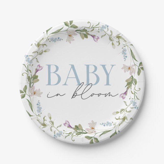 Baby in Bloom Blue Spring Floral  Paper Plate (Front)