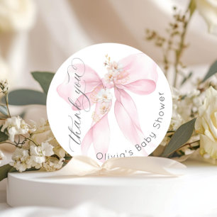 Baby in Bloom Blush pink Bow Floral Thank you Classic Round Sticker
