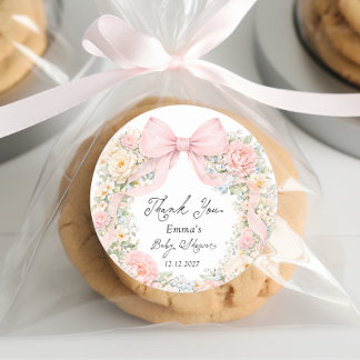 Baby in Bloom Blush Pink Bow Thank You Classic Round Sticker