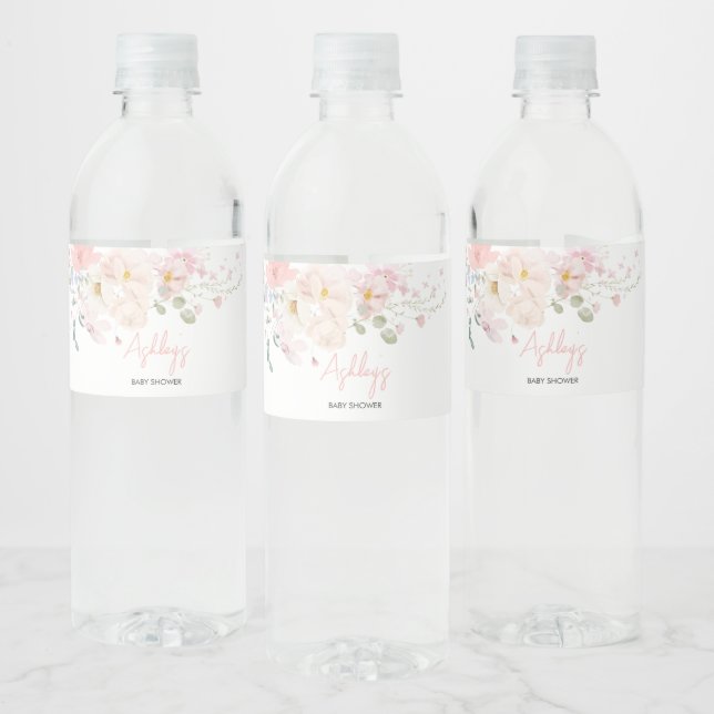 Baby in Bloom Blush Pink Floral Baby Shower Water Bottle Label (Bottles)