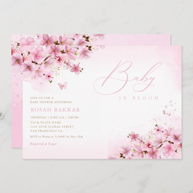 Baby in Bloom Blush Pink Floral Girl Baby shower Invitation (Front/Back)