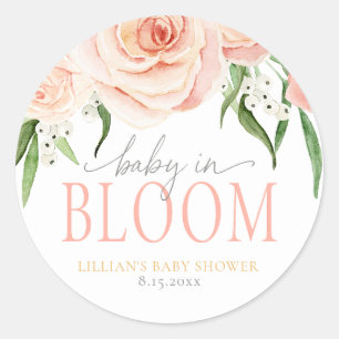 Baby in Bloom Blush Pink Rose Floral Baby Shower Classic Round Sticker