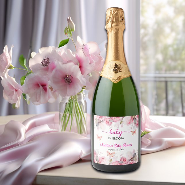 Baby in Bloom Blush Roses Baby Shower Sparkling Wine Label (Creator Uploaded)