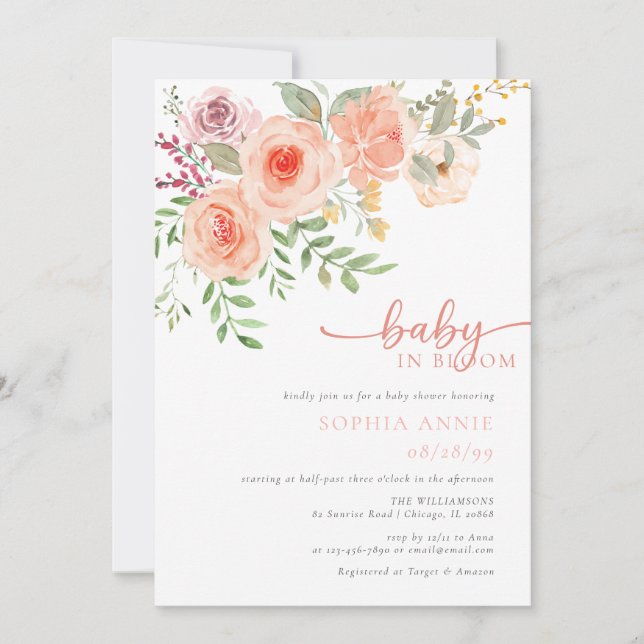 Baby In Bloom | Blush & Teal Spring Floral Shower  Invitation (Front)