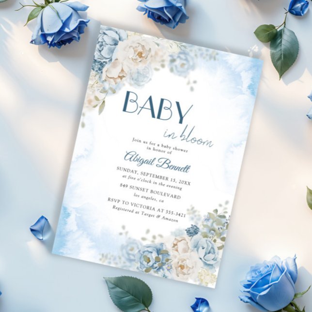 Baby in Bloom Bohemian Blue Rose Baby Shower Invitation (Creator Uploaded)