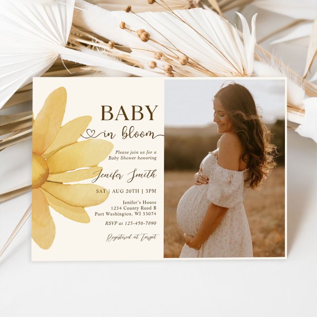 Baby In Bloom Boho Daisy Floral Girl Shower Photo Invitation (Creator Uploaded)