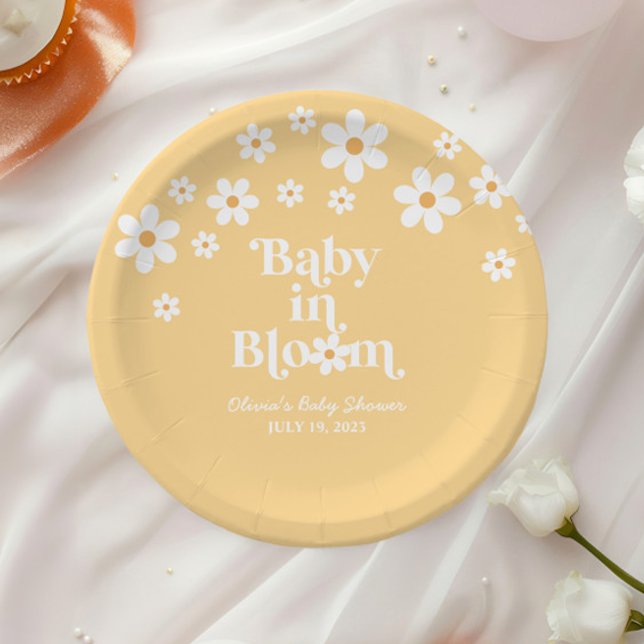 Baby in Bloom boho Daisy Yellow Baby Shower Paper Plate (Creator Uploaded)