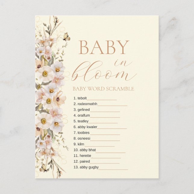 Baby In Bloom Boho Neutral Baby Shower Game Postcard (Front)