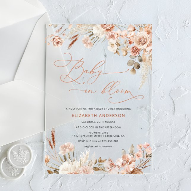 Baby in Bloom Boho Pampas Grass Baby Shower Acrylic Invitations (Creator Uploaded)