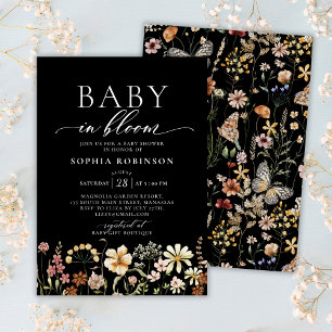 Baby in Bloom Boho Wildflower Black Baby Shower  Invitation