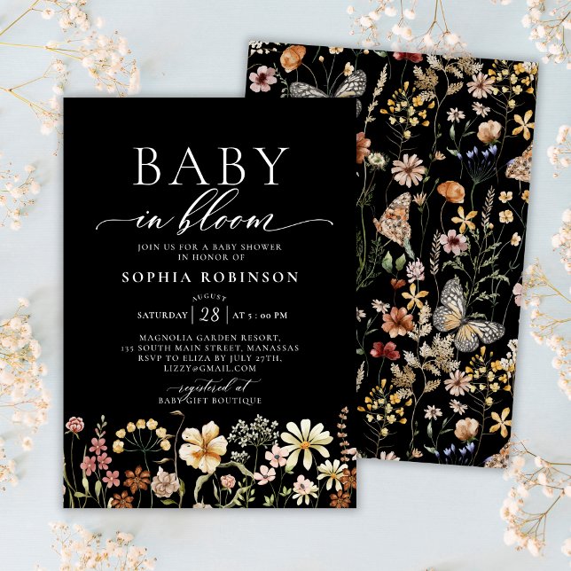 Baby in Bloom Boho Wildflower Black Baby Shower  Invitation (Creator Uploaded)