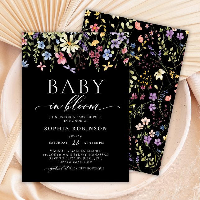 Baby in Bloom Boho Wildflower Black Baby Shower  Invitation (Creator Uploaded)