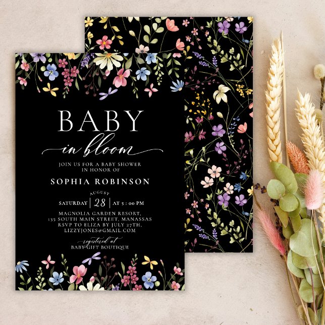 Baby in Bloom Boho Wildflower Black Baby Shower  Invitation (Creator Uploaded)
