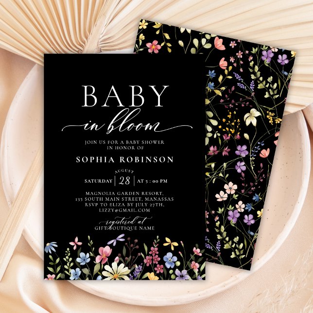 Baby in Bloom Boho Wildflower Black Baby Shower  Invitation (Creator Uploaded)