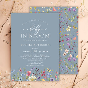 Baby in Bloom Boho Wildflower Blue Baby Shower  Invitation
