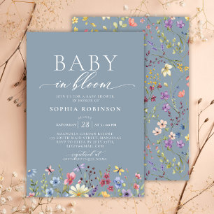 Baby in Bloom Boho Wildflower Blue Baby Shower  Invitation