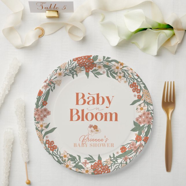 Baby in Bloom Boho Wildflower Girl Baby Shower Paper Plate (Wedding)